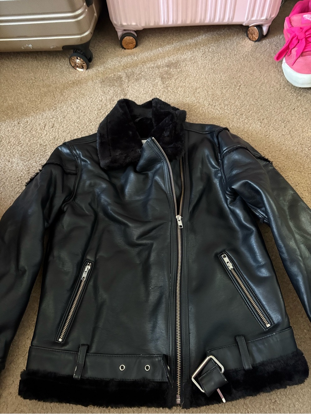 GAP Black Faux Leather Jacket with Fur Trim